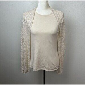 Magaschoni Double Layered Silk Nylon Blend Sequin Party Blouse Top Cream -Size M